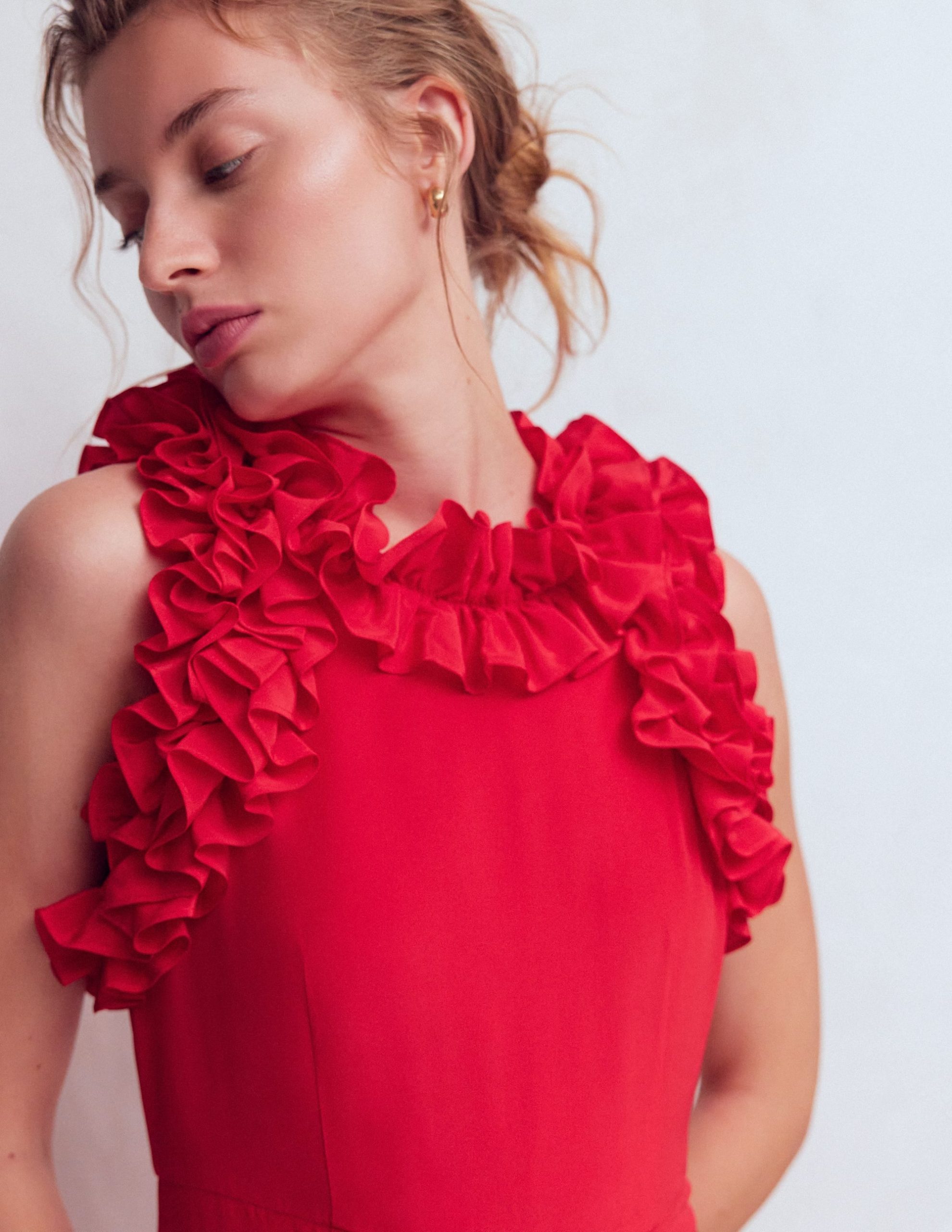 Ruffle Silk Midi Dress-Red - Image 3