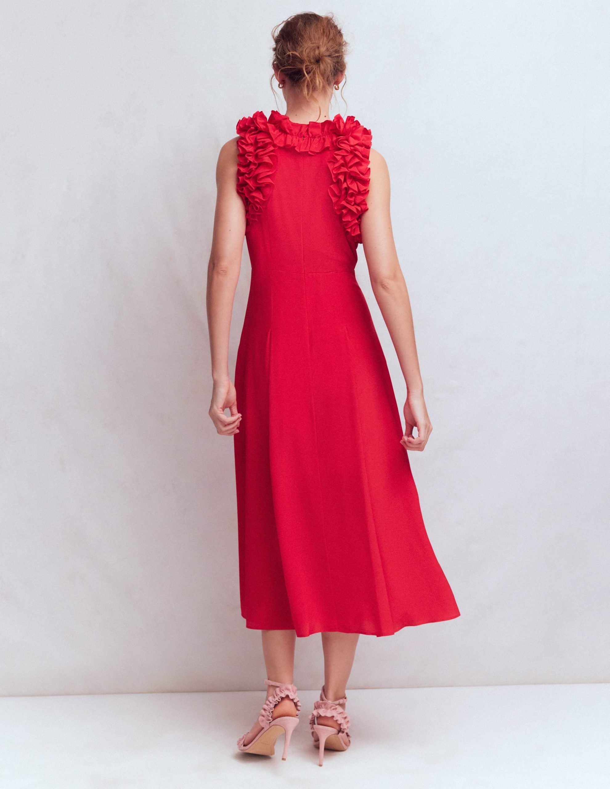 Ruffle Silk Midi Dress-Red - Image 4