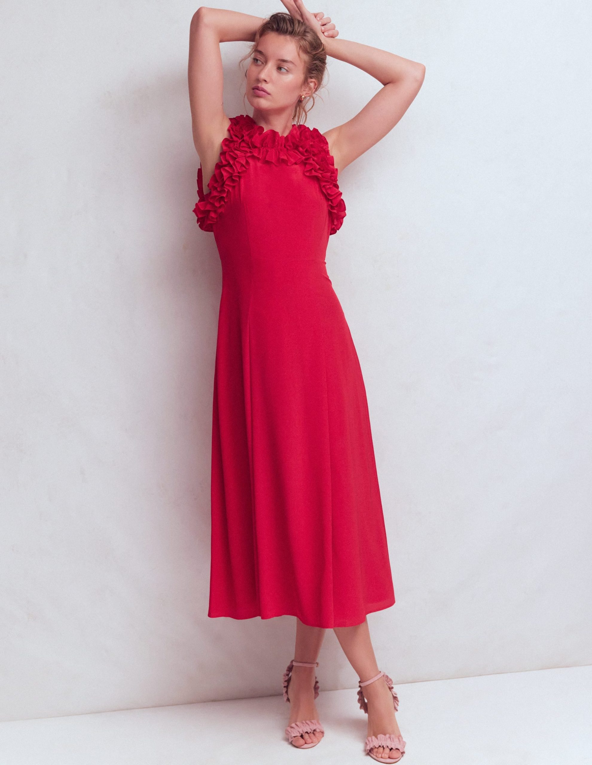 Ruffle Silk Midi Dress-Red - Image 5