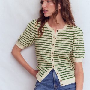 Dot Pointelle Cardigan-Green Stripe