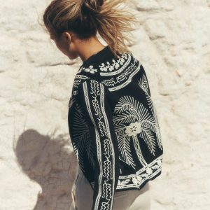 Elena Stand Neck Jacket-Black Embroidery