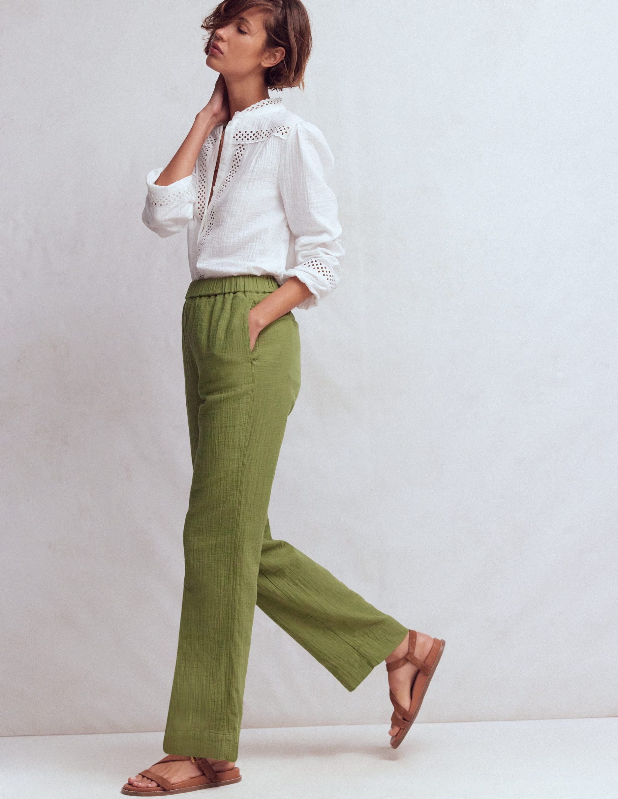 Pull-on Double Cloth Pants-Olive Green