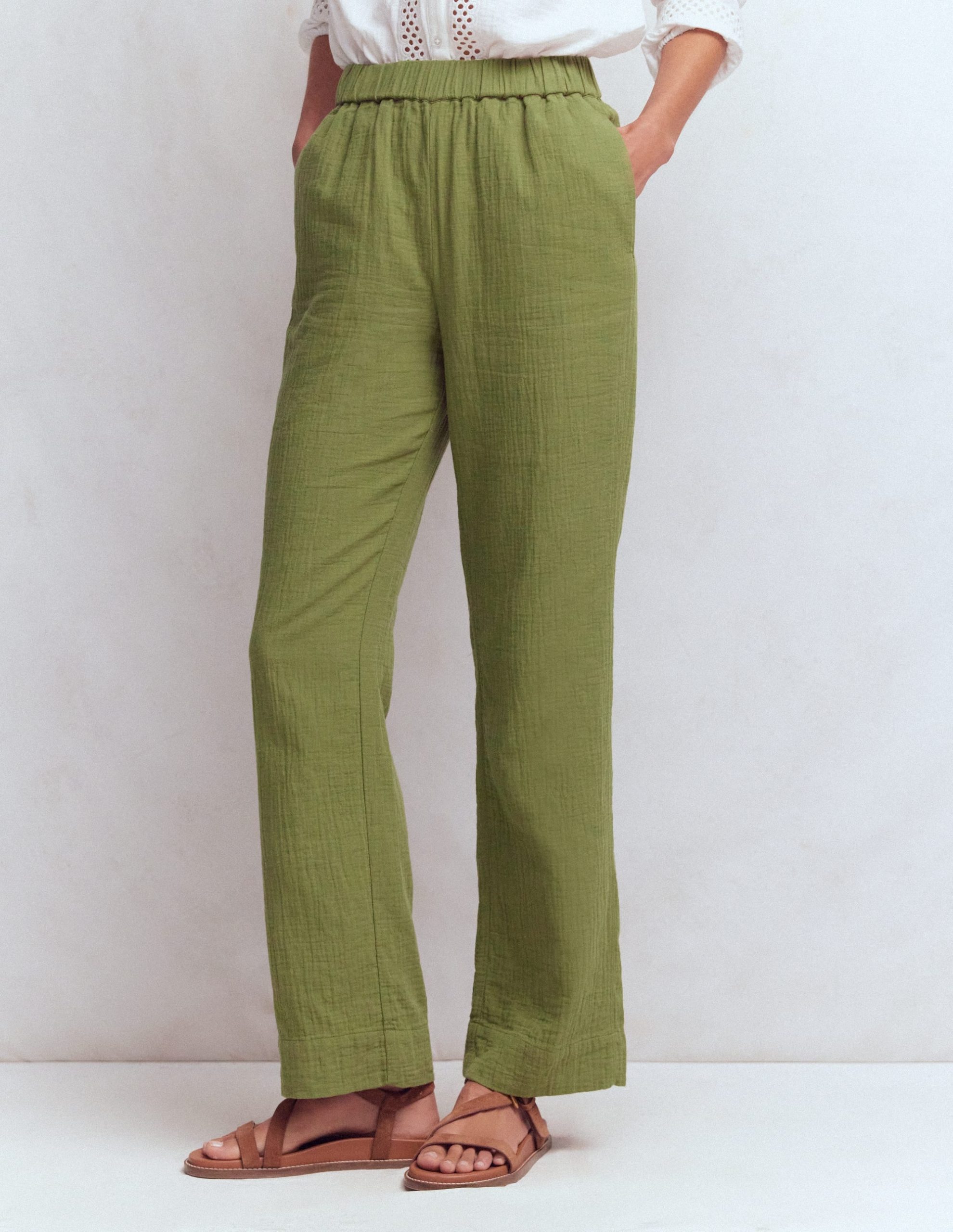 Pull-on Double Cloth Pants-Olive Green - Image 4