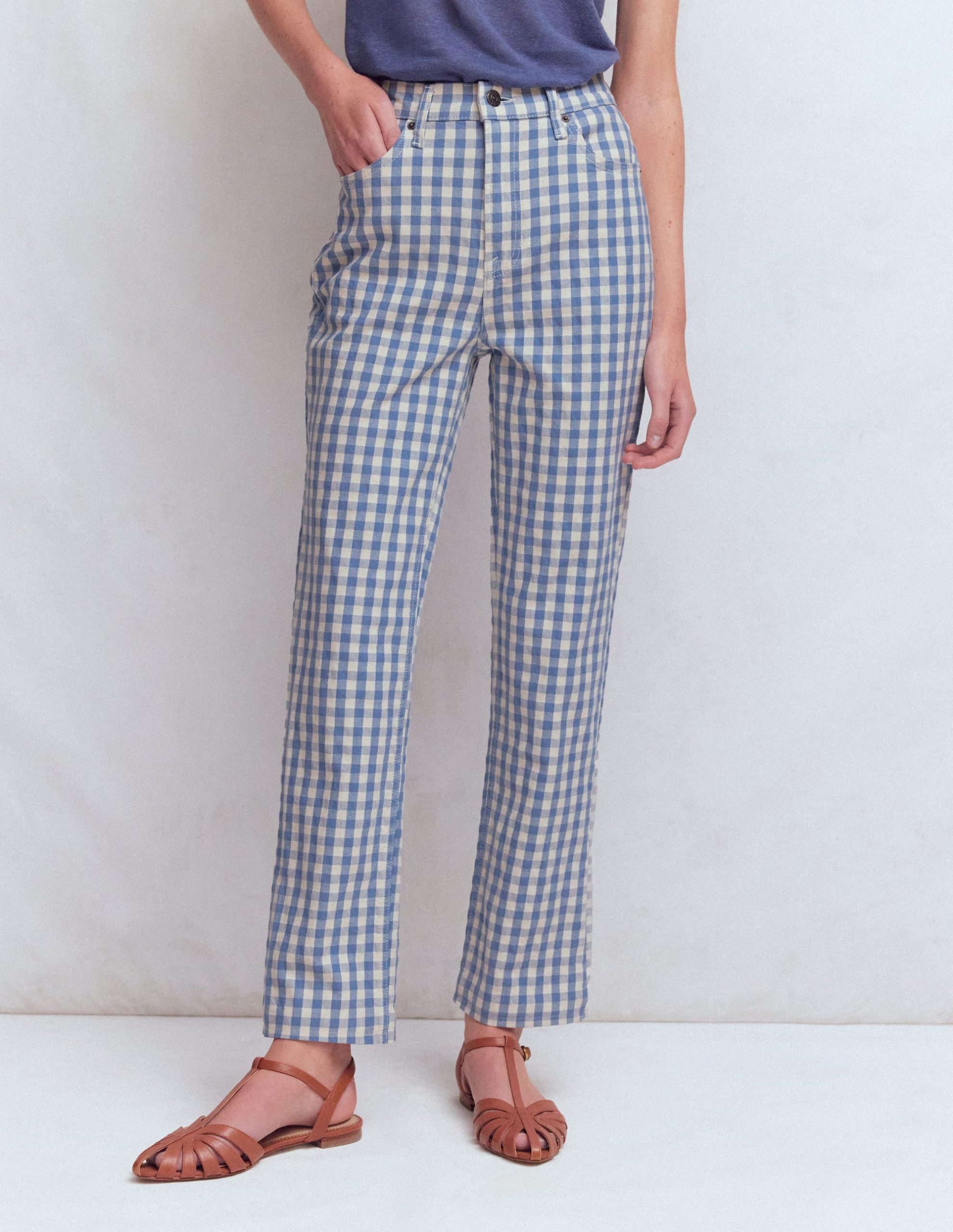 High Rise Straight Jeans-Blue Gingham - Image 4