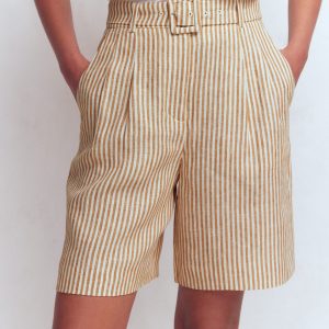 Chelsea Belted Linen Shorts-Brown. Ivory Ticking Stripe