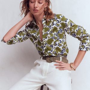 Sienna Cotton Shirt-Olive. Shadow Blossom