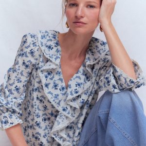 Eliza Ruffle V-Neck Blouse-Tourmaline Blue. Dainty Vine