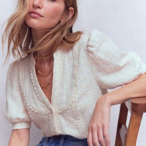 Trim Insert Double Cloth Top-Ivory Broderie