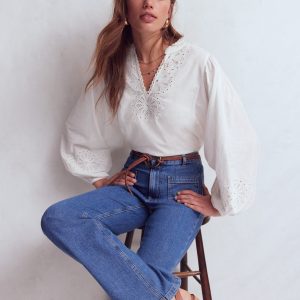 Embroidered Cotton Popover Top-White