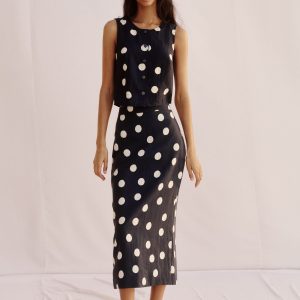 Andrea Linen Shell Top-French Navy. Painted Dot