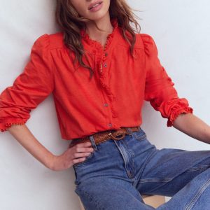 Emily Pom Detail Ruffle Shirt-Blood Orange