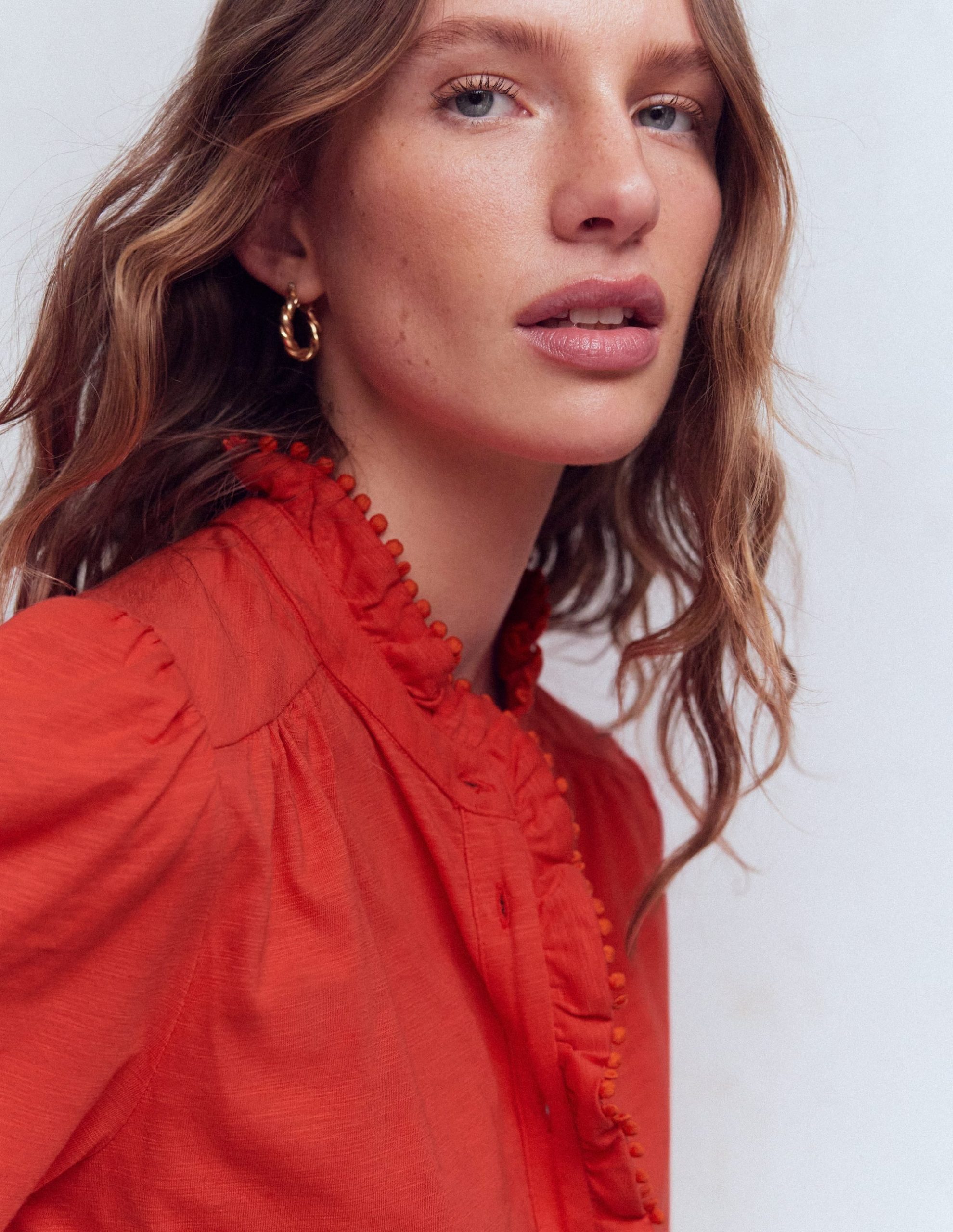 Emily Pom Detail Ruffle Shirt-Blood Orange - Image 2