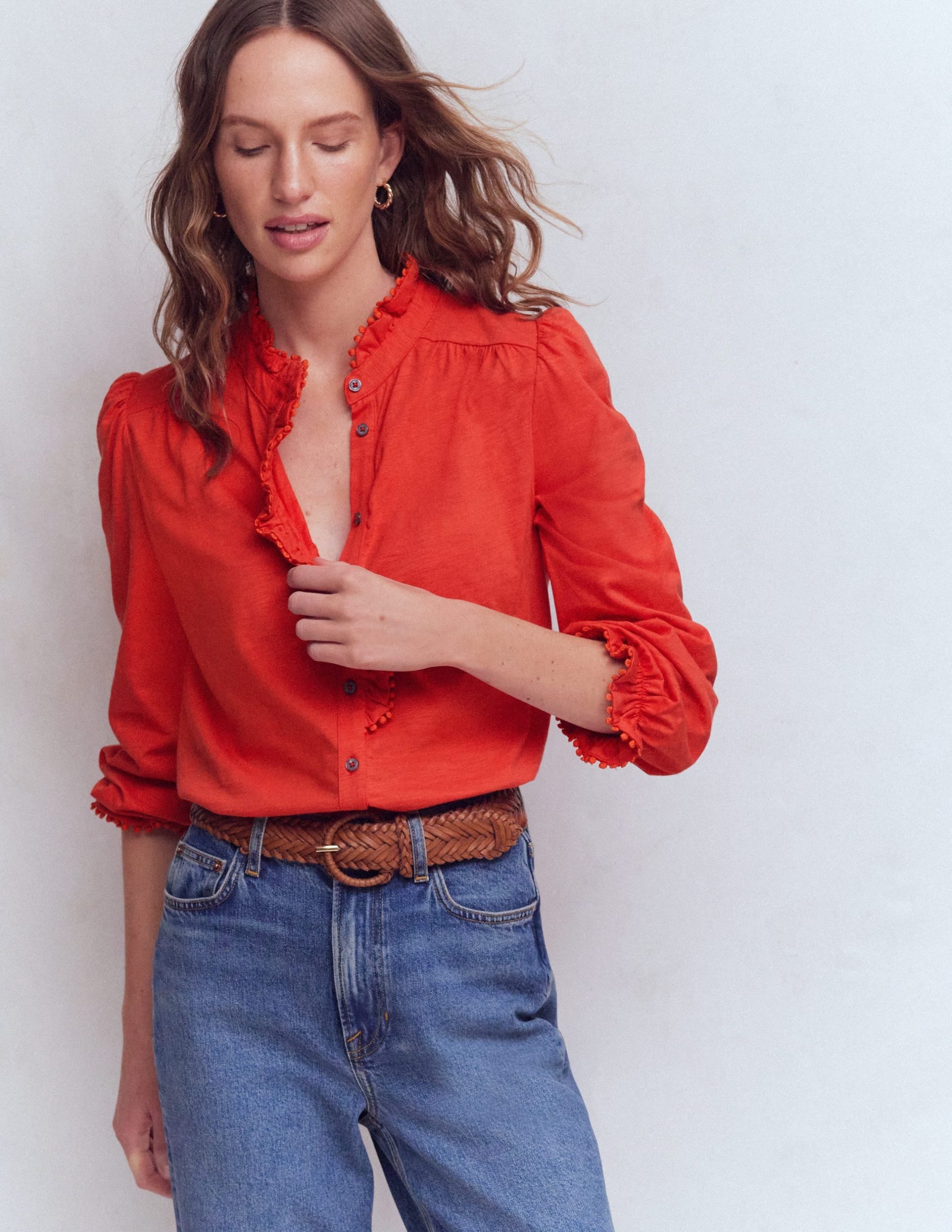 Emily Pom Detail Ruffle Shirt-Blood Orange - Image 4