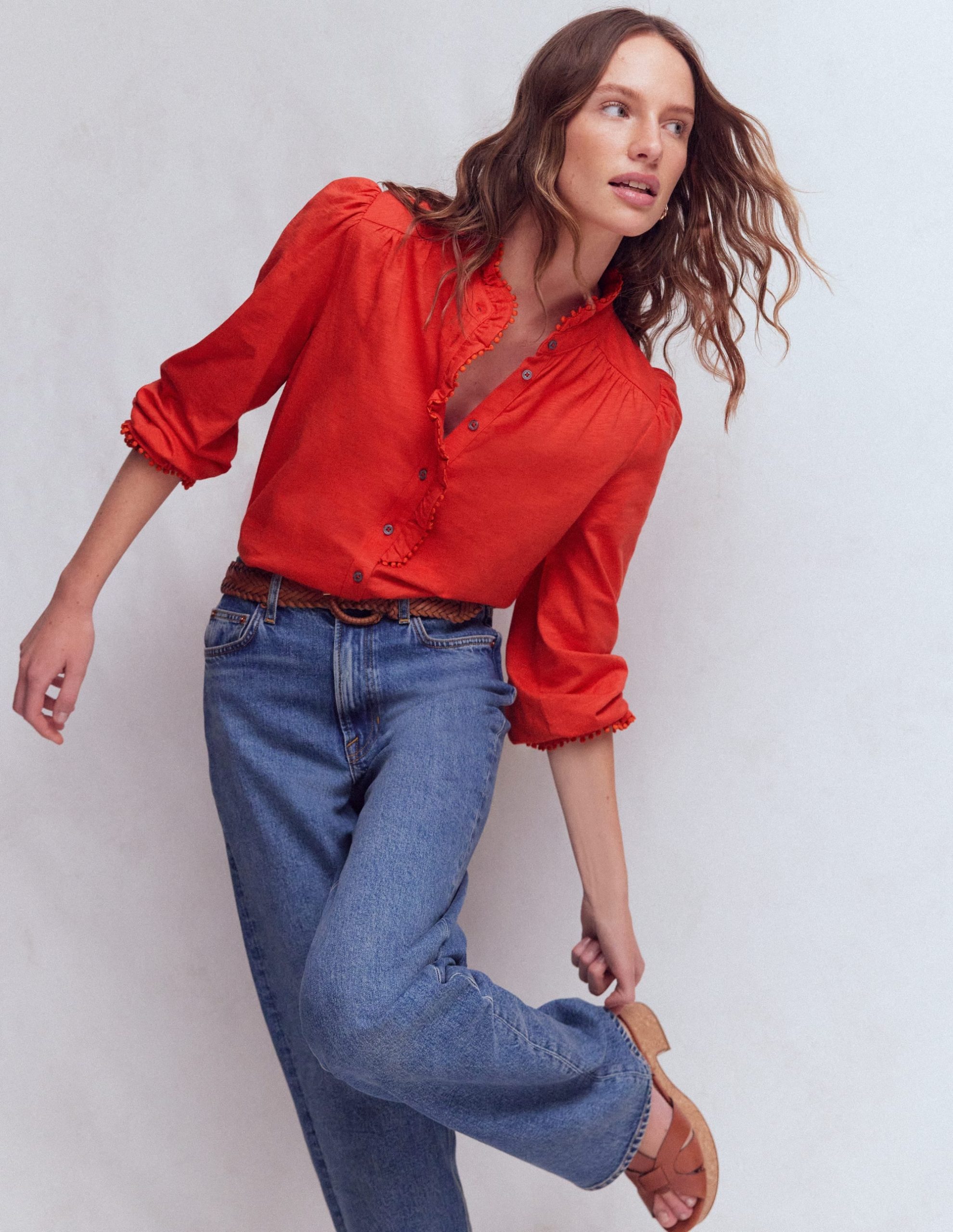 Emily Pom Detail Ruffle Shirt-Blood Orange - Image 5