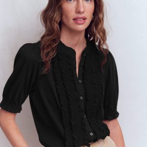 Eda Ruffle Front Shirt-Black