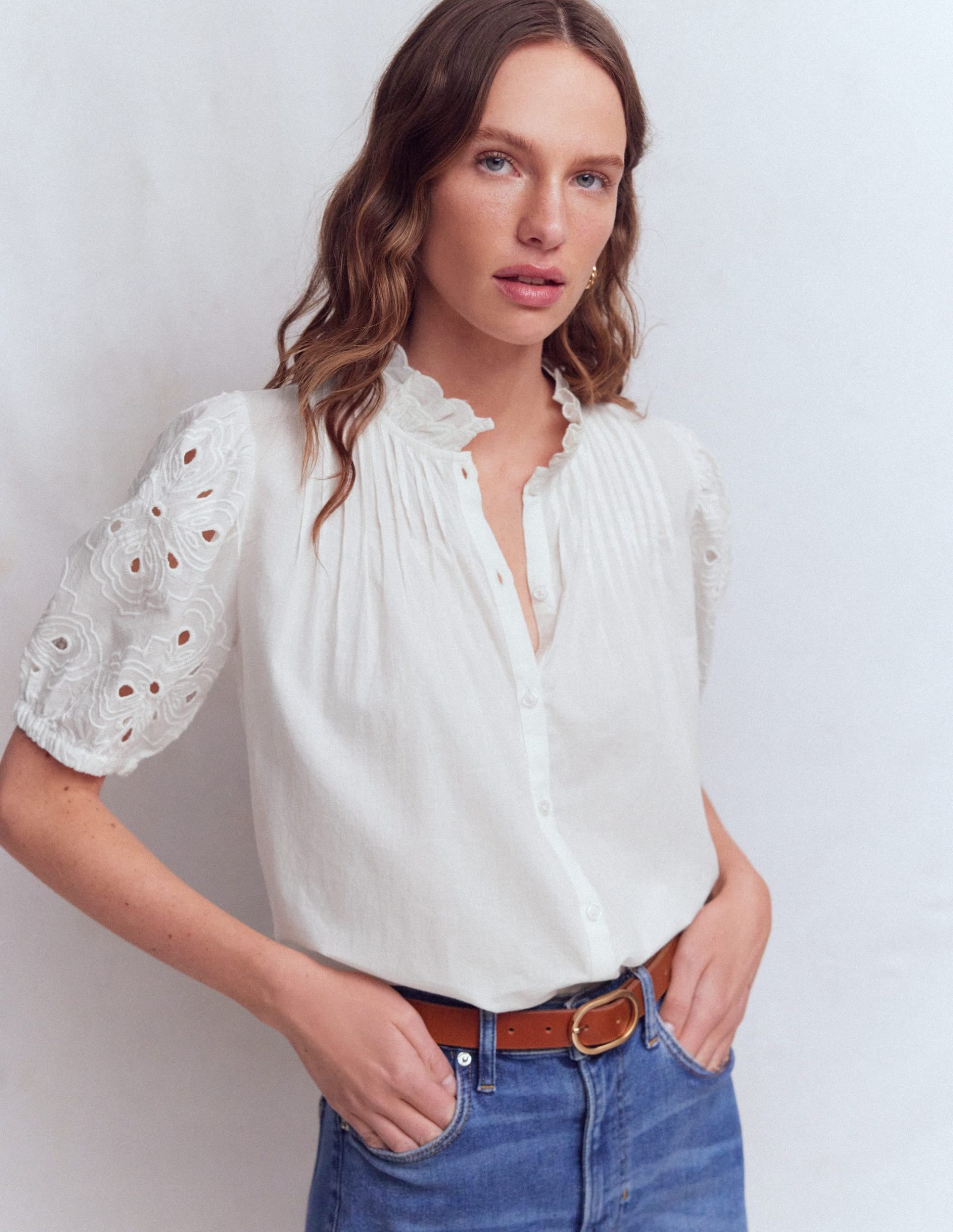 Cutwork Puff Sleeve Top-White - Image 2