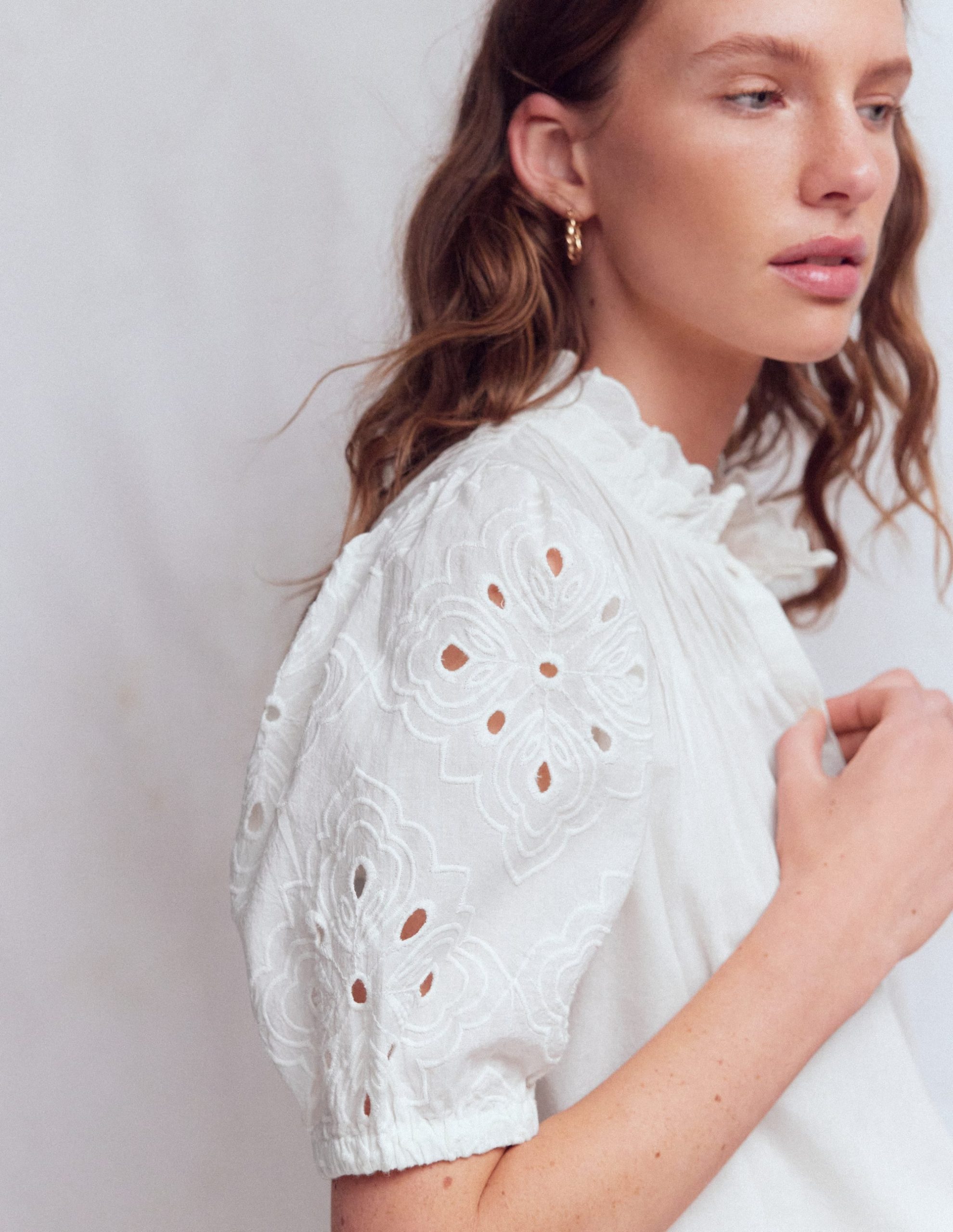 Cutwork Puff Sleeve Top-White - Image 3