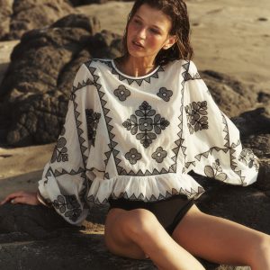 Embroidered Vacation Top-Ivory