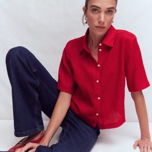 Short Sleeve Linen Shirt-Merida Red