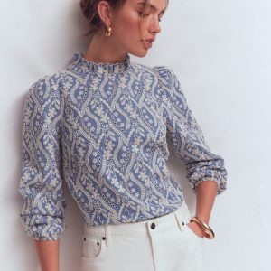 Puff Sleeve Interest Top-Blue and Ivory Broderie