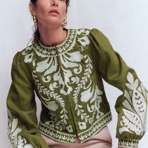 Embroidered Linen Jacket-Woodland Green