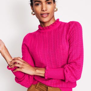Tia Pointelle Frilled Sweater-Pink Peacock