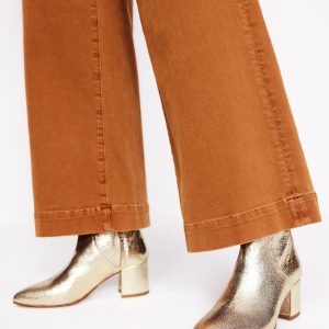 Block Heel Leather Ankle Boots-Gold
