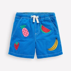 Pull-On Cotton Shorts-Fruit Embroidery
