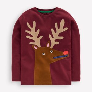 Zip Detail Appliqu?? T-shirt-Port Reindeer