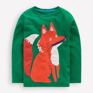 Zip Detail Appliqu?? T-shirt-Shady Green Fox