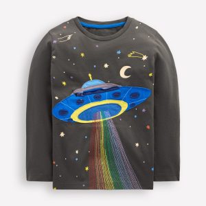 Zip Detail Appliqu?? T-shirt-Phantom UFO