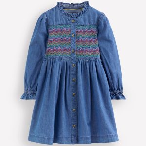 Suki Long Sleeve Smocked Dress-Mid Vintage Denim