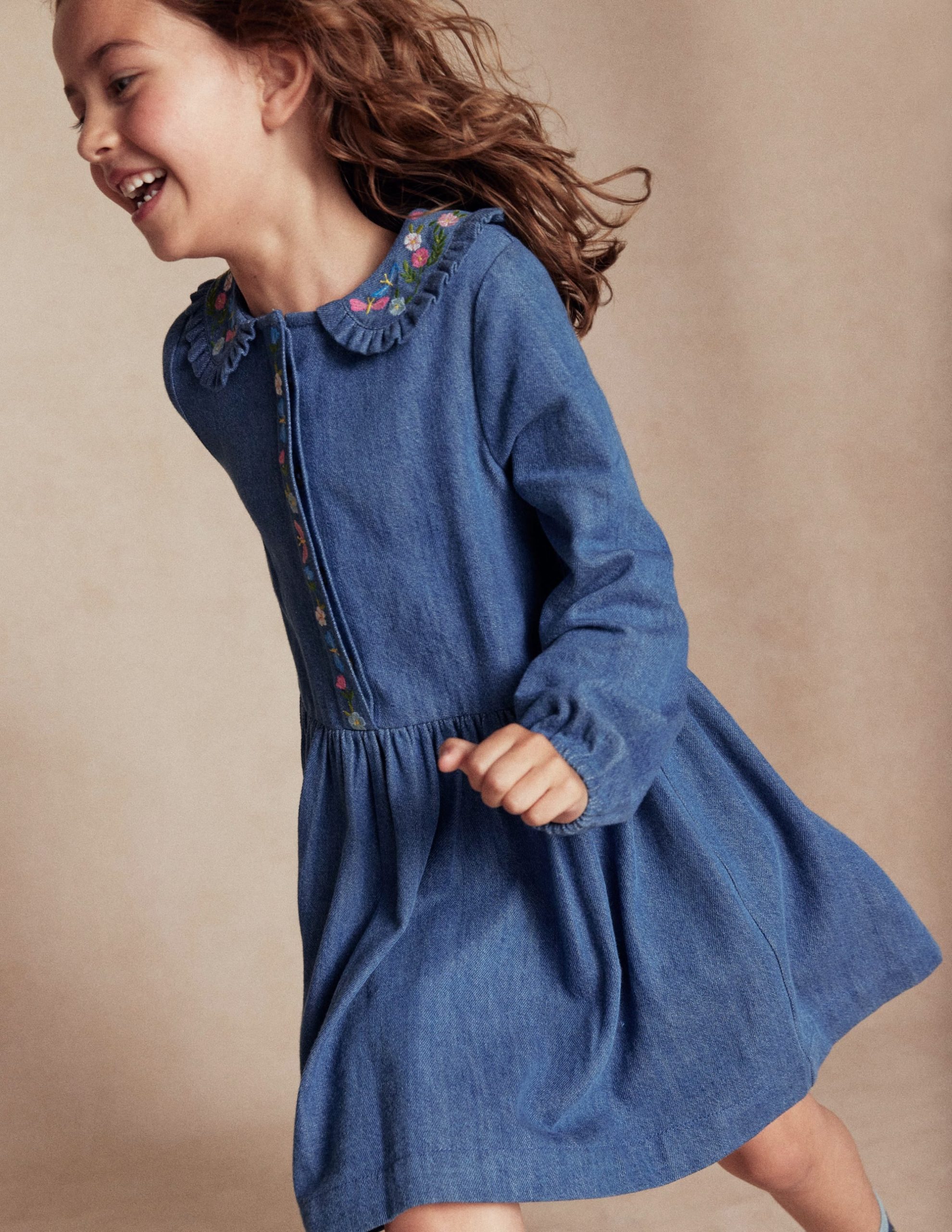 Denim Embroidered Collar Dress-Mid Vintage Denim - Image 4