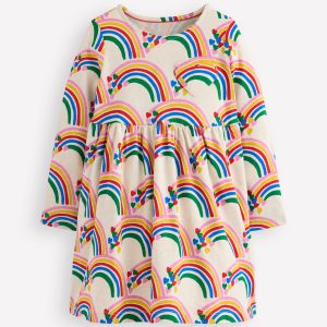 Heart Pocket Fun Jersey Dress-Oatmeal Marl Rainbow Hearts
