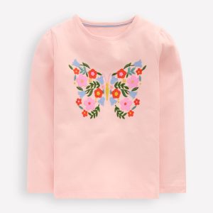 Puff Sleeve Appliqu??  T-shirt-Chalk Pink Butterfly