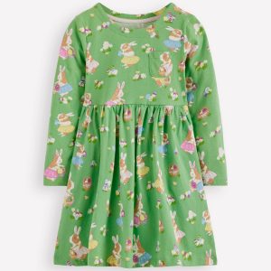 Long-Sleeved Fun Jersey Dress-Aloe Green Easter Guinea Pigs