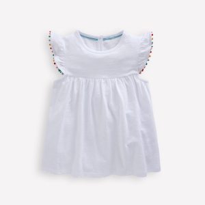 Frill Sleeve Pom Top-White