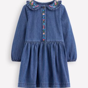 Denim Embroidered Collar Dress-Mid Vintage Denim