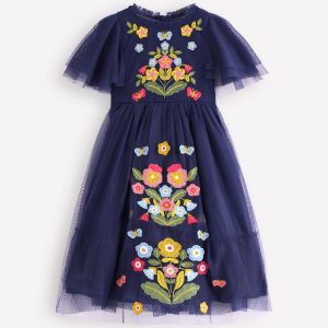 Embroidered Tulle Dress-College Navy