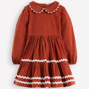Cord Ric Rac Trim Dress-Roasted Chestnut Brown