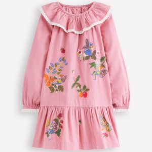 Lace Trim Woven Dress-Rose Pink Fairies