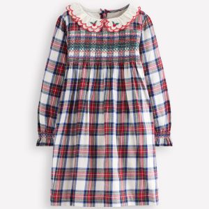 Cosy Collar Detail Smock Dress-Ivory Check