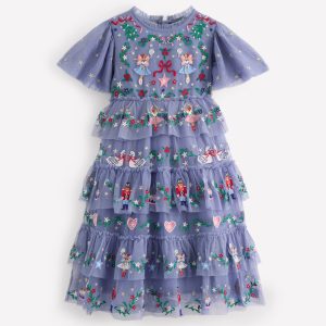Embroidered Tulle Ruffle Dress-Stormbolt Blue Embroidery
