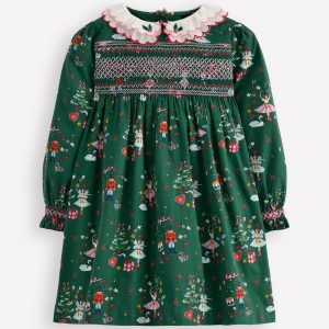 Cosy Collar Detail Smock Dress-Alpine Green Nutcracker