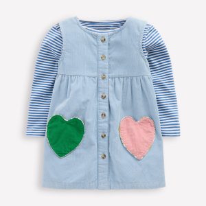 Woven Pinny Dress Set-Glacier Blue Hearts