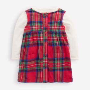 Woven Pinny Dress Set-Red Check