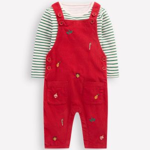 Novelty Cord Overalls Set-Red Christmas Embroidery