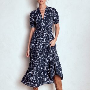 Christabel Cotton Midi Dress-French Navy. Painted Dot