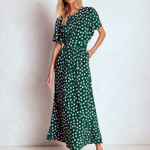 Yoke Panel Maxi Dress-Emerald Night. Painted Dot