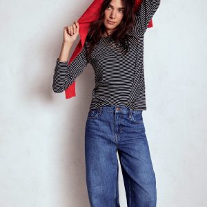Cotton Crew Long Sleeve Top-Navy. Ivory Stripe